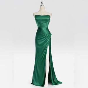 Emerald Green Satin Strapless Prom Dress High Slit Formal Evening Gown Size 6